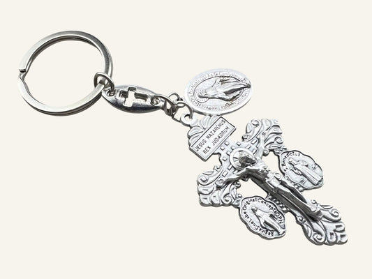 Pardon Crucifix Keychain | Catholic Keychain with Miraculous & St. Benedict Medals | Personalized Christian Gift