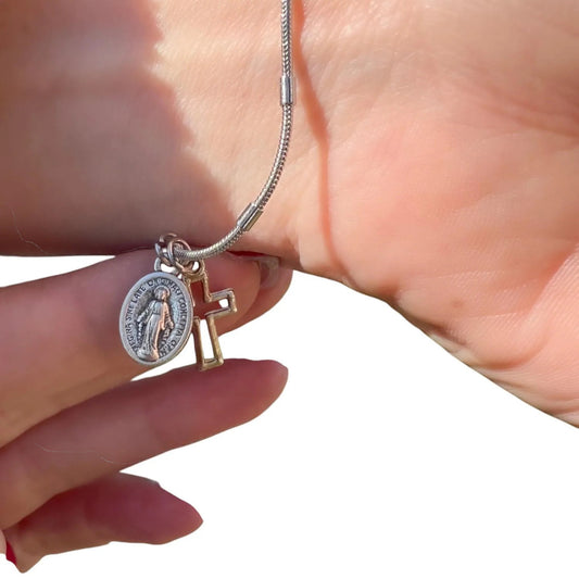 Virgin Mary Miraculous Medal & Cross Chain Bracelet