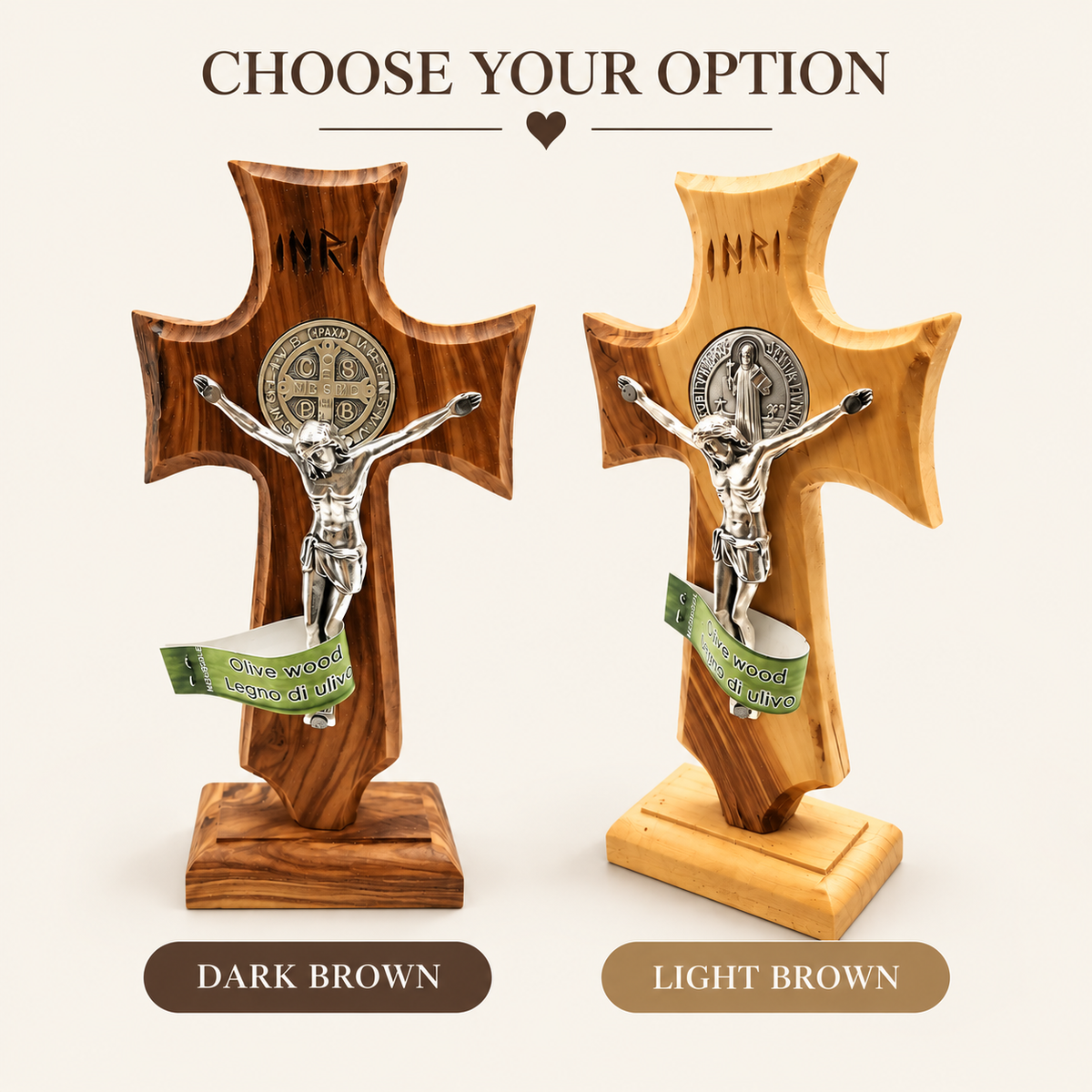 St. Benedict Standing Crucifix - Olive Wood Table Cross