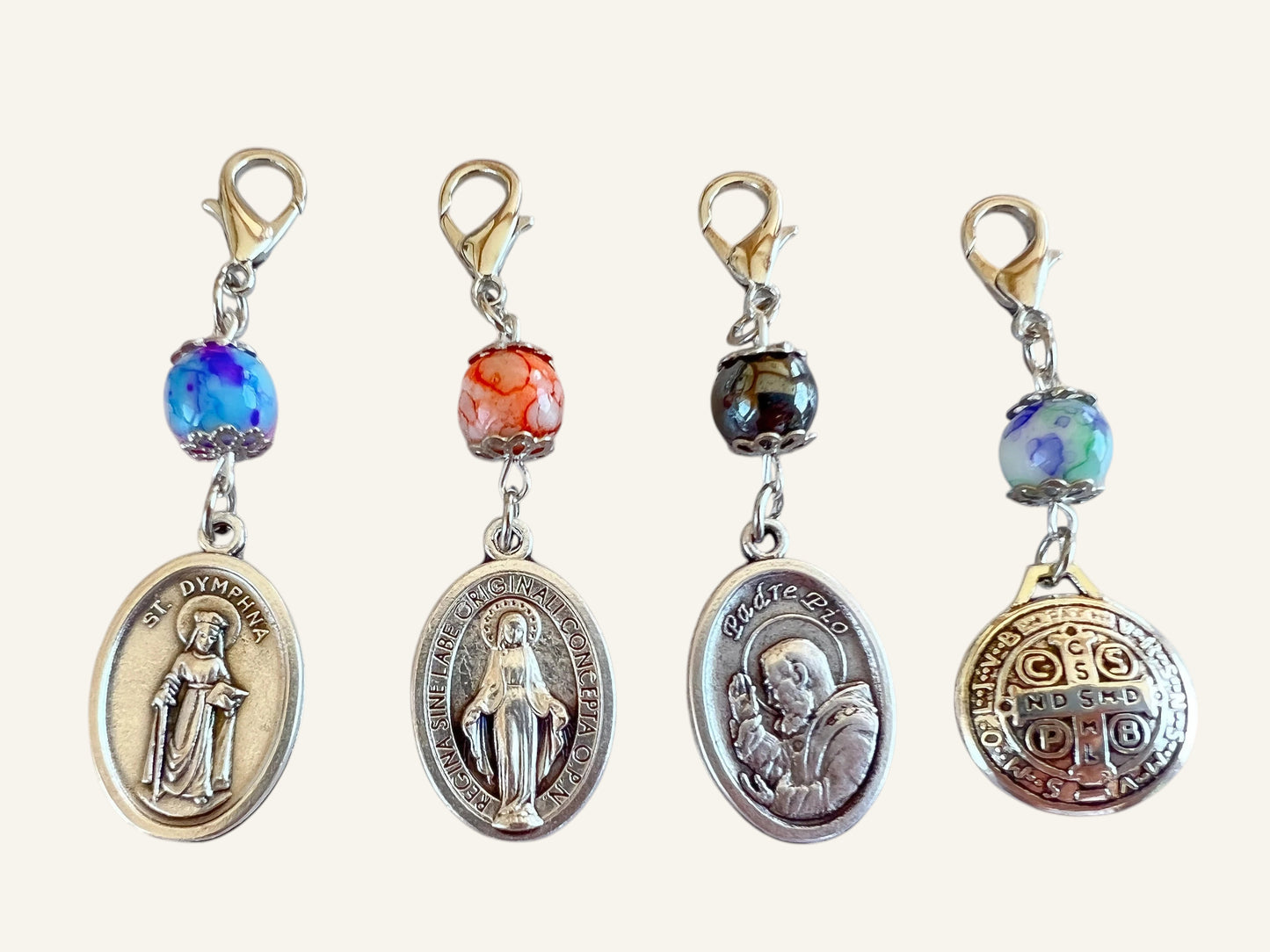 Personalized Keychain Catholic Saint Medal & Bead Clasp Charm