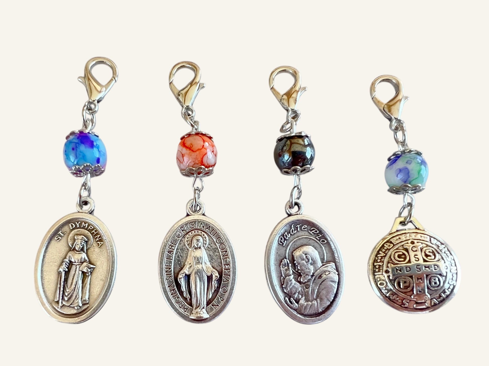 Personalized Keychain Catholic Saint Medal & Bead Clasp Charm