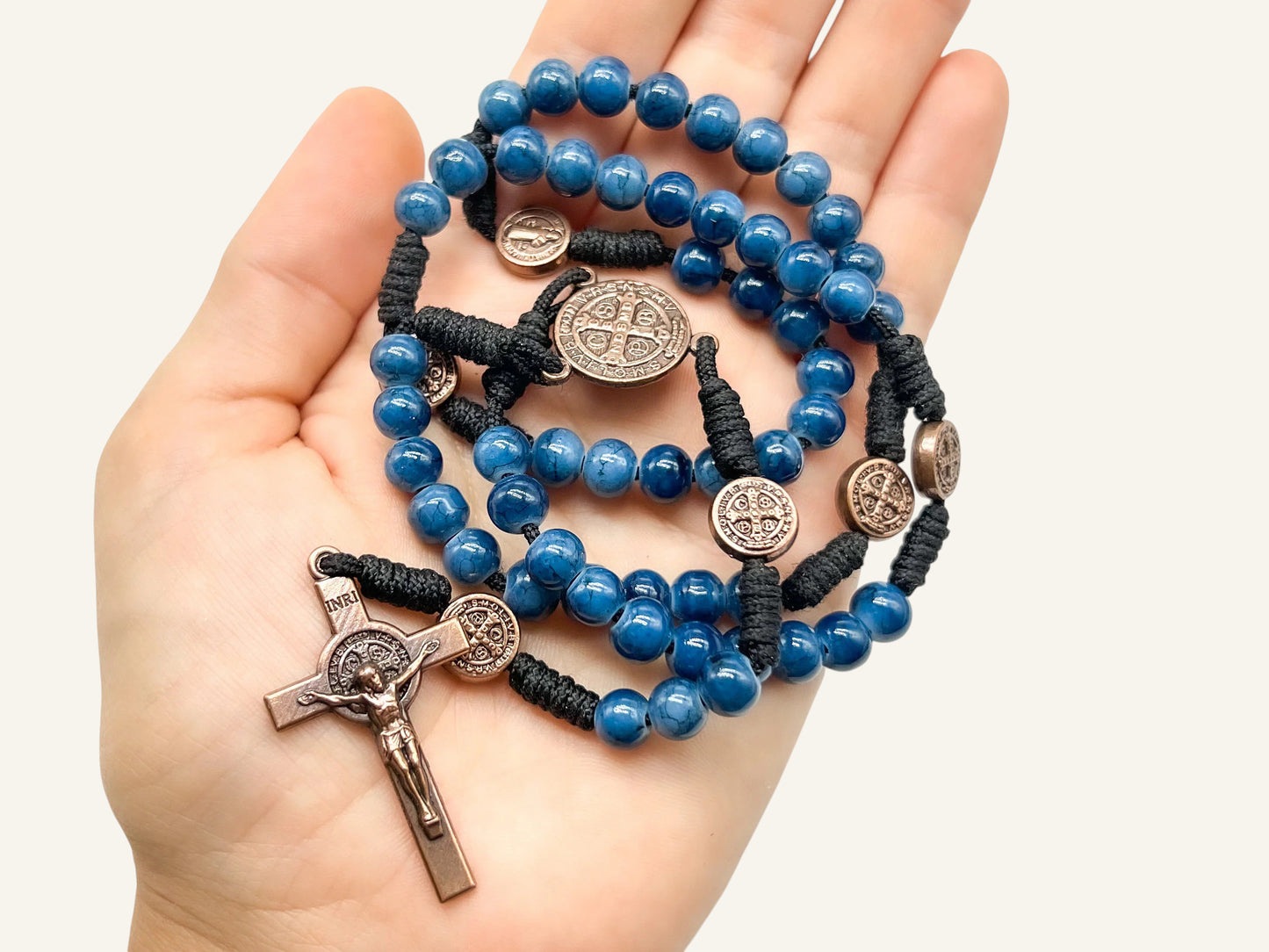 Handmade Blue St. Benedict Rosary with Bronze-Tone Medals