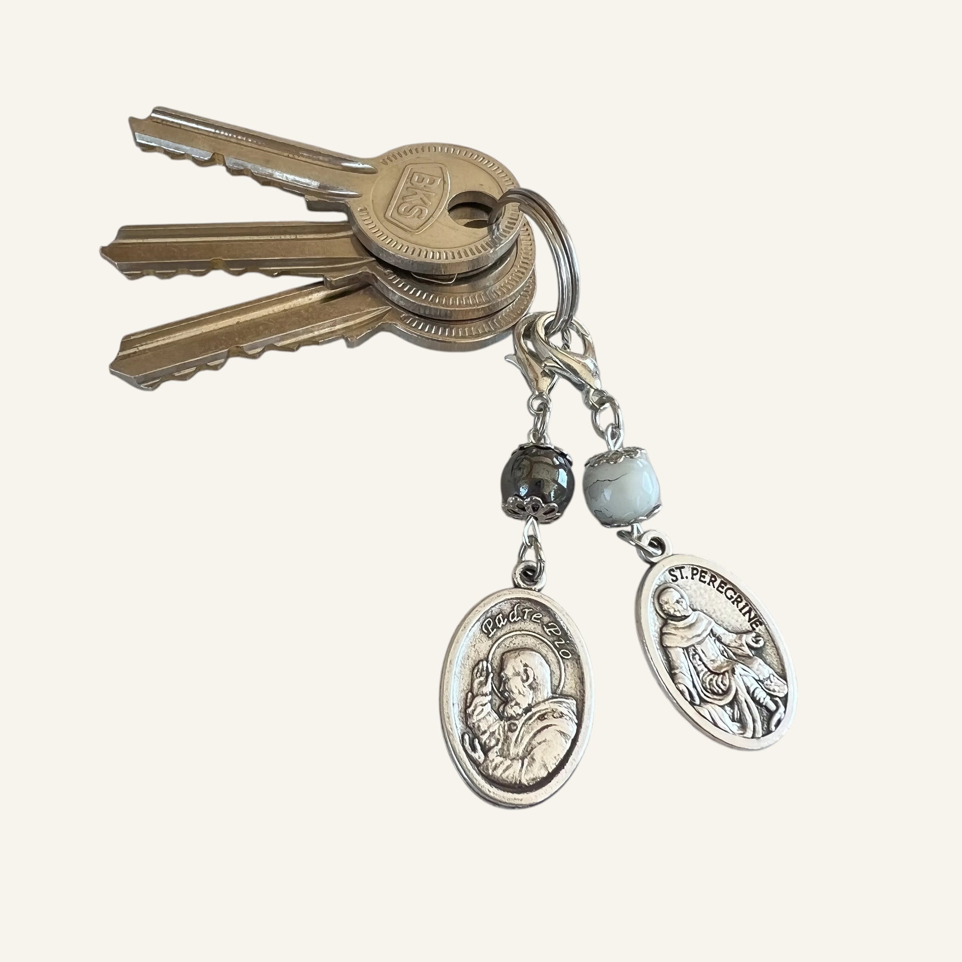 Personalized Keychain Catholic Saint Medal & Bead Clasp Charm