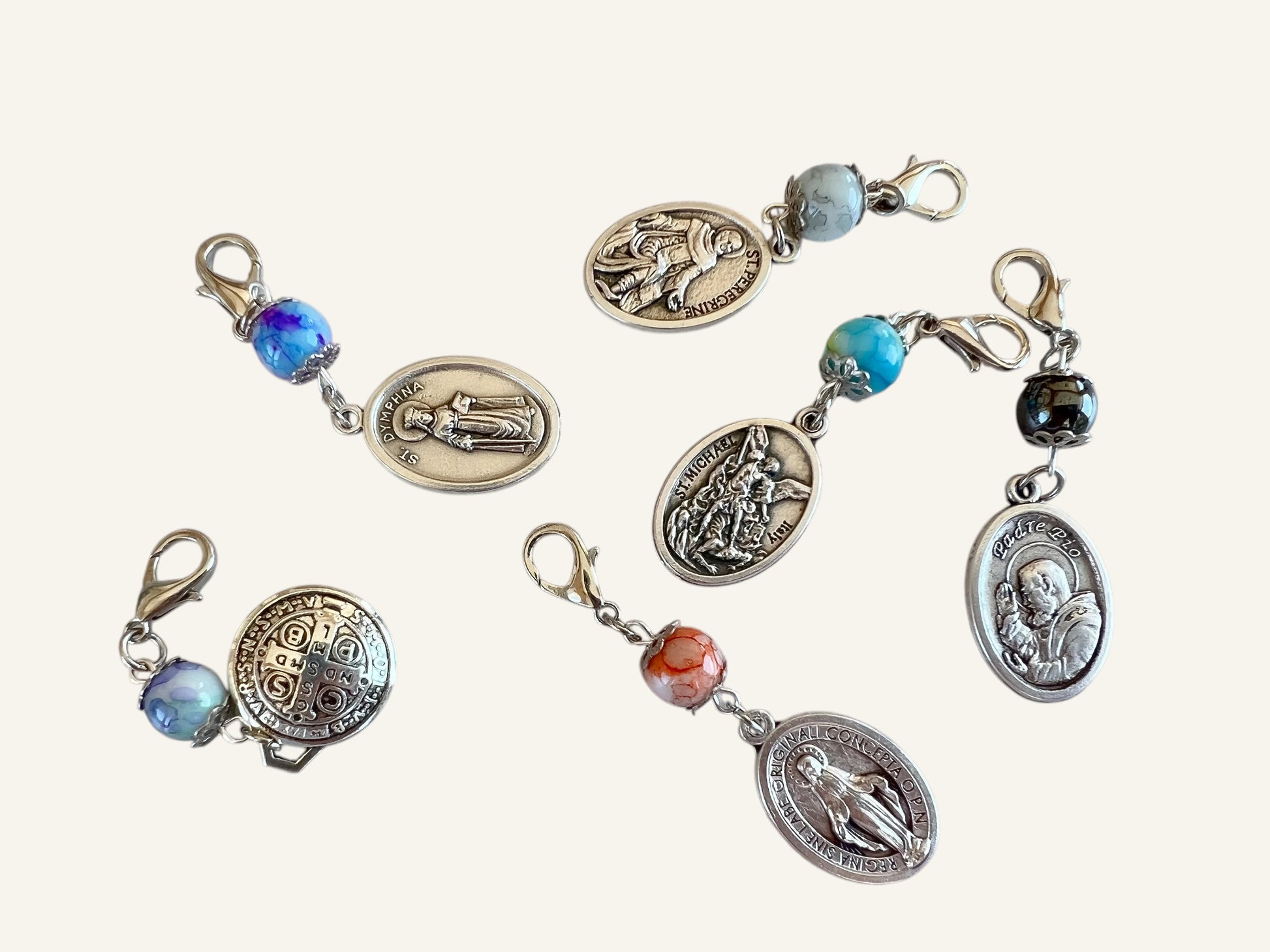 Personalized Keychain Catholic Saint Medal & Bead Clasp Charm