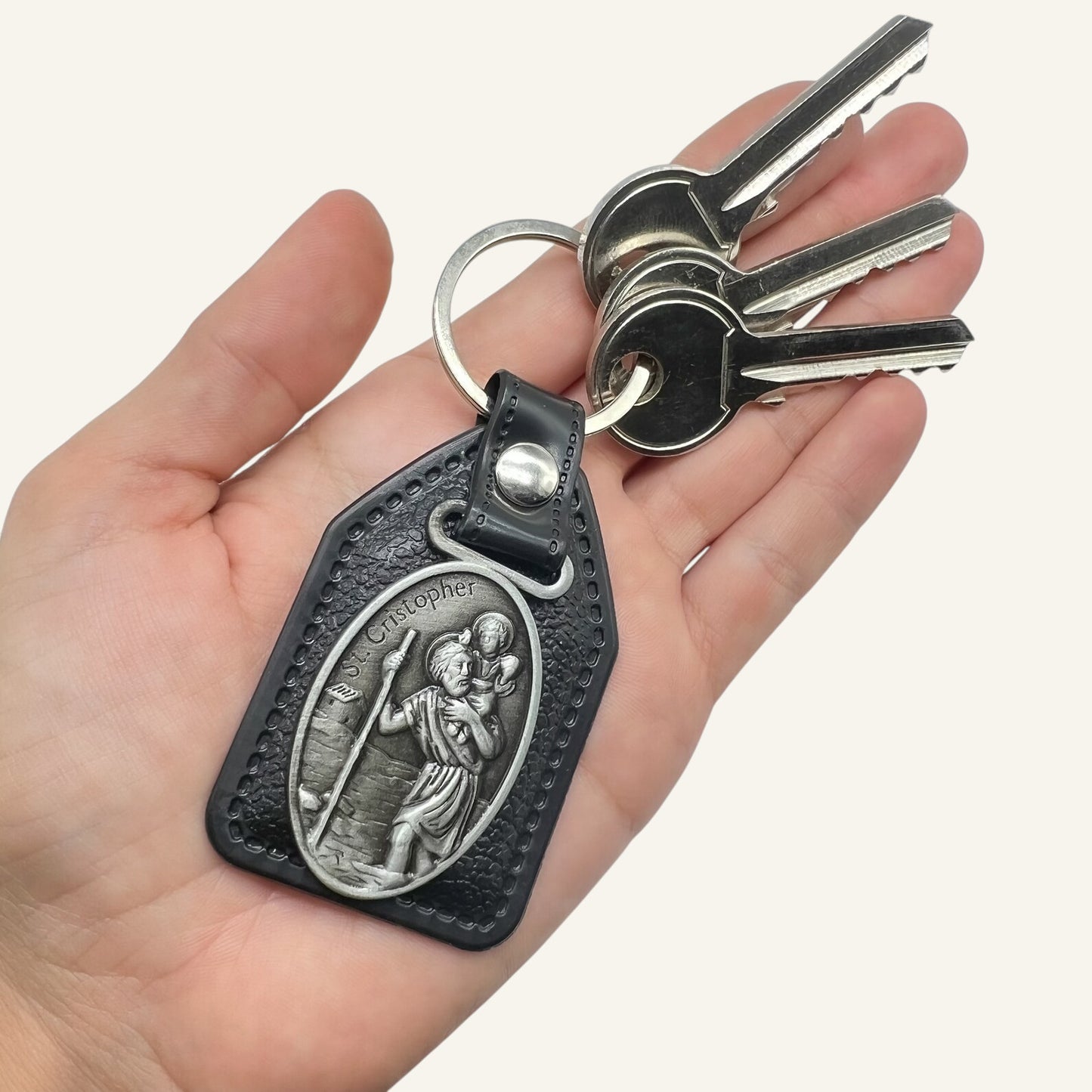 St. Christopher Catholic Medal Leather Keychain