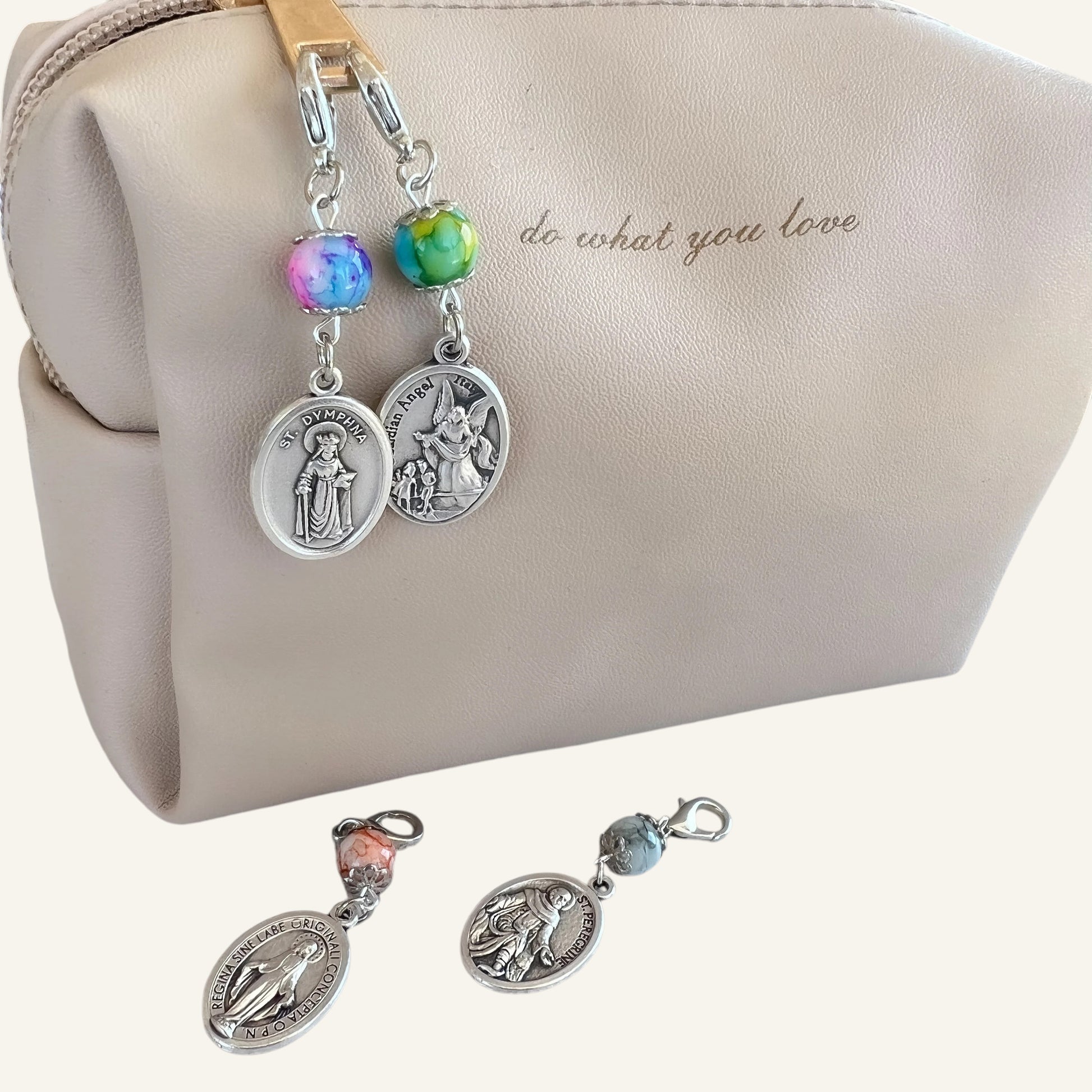 Personalized Keychain Catholic Saint Medal & Bead Clasp Charm