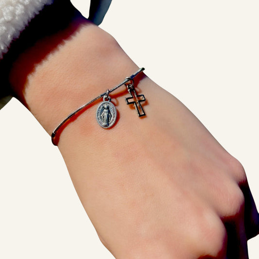 Virgin Mary Miraculous Medal & Cross Chain Bracelet