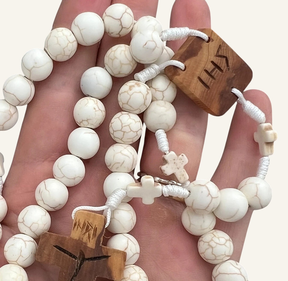 White Catholic Rosary with Wooden Cross & IHS Centerpiece