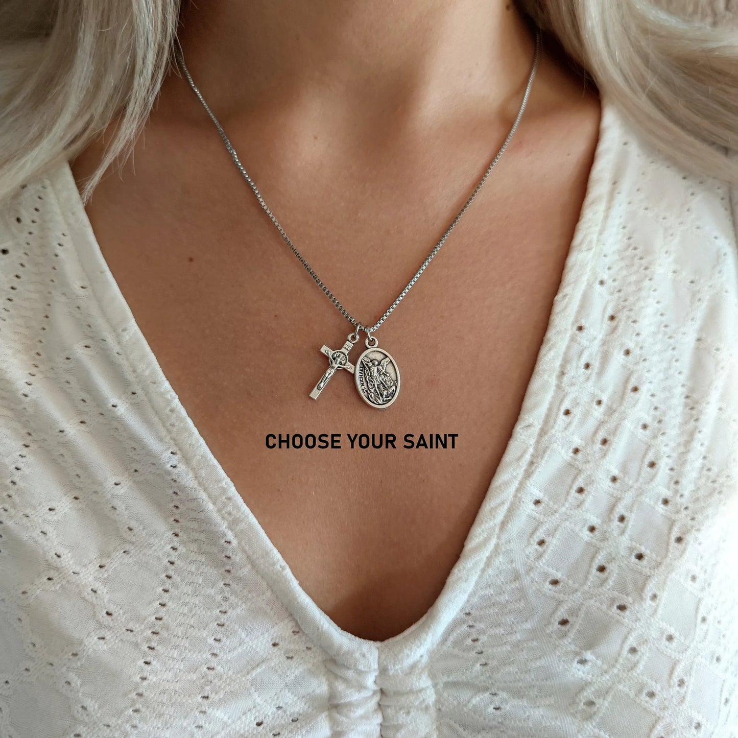 Personalized Catholic Saint Medal & Cross Necklace