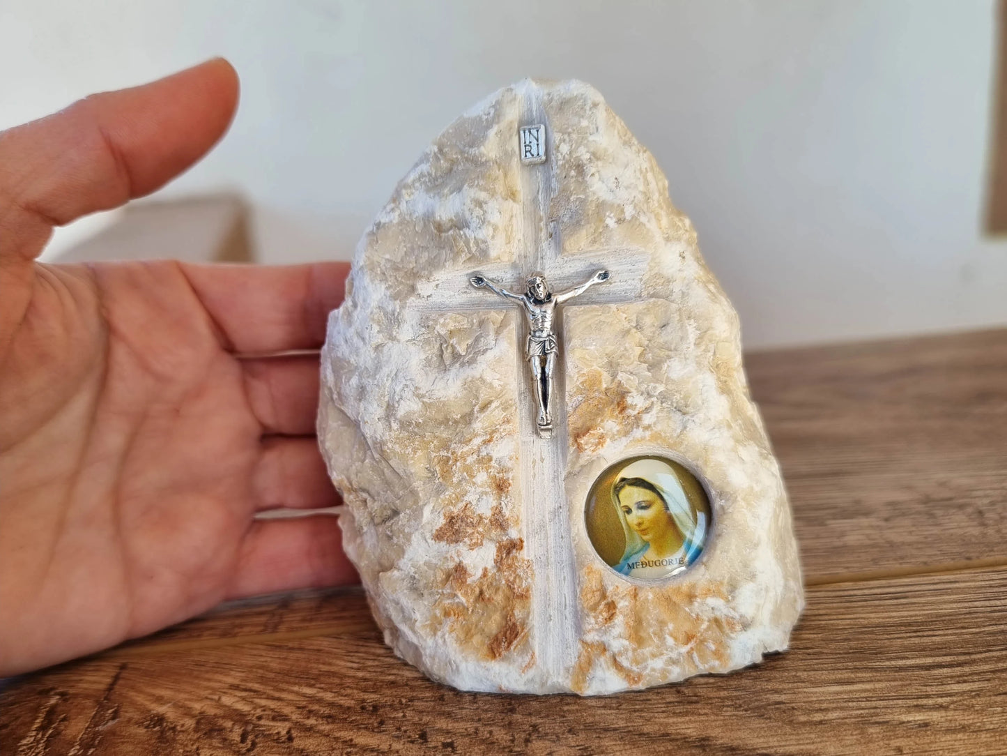 Handmade Stone Catholic Crucifix with Virgin Mary