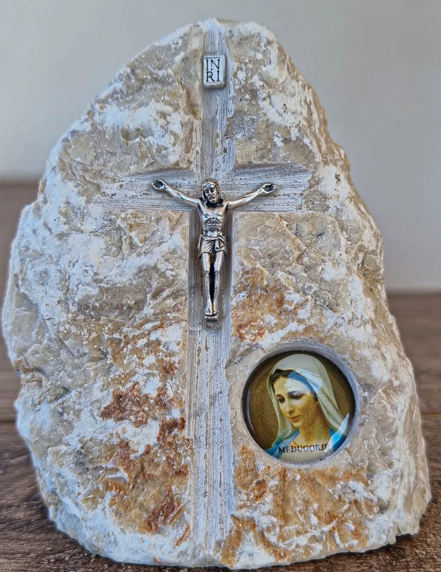 Handmade Stone Catholic Crucifix with Virgin Mary