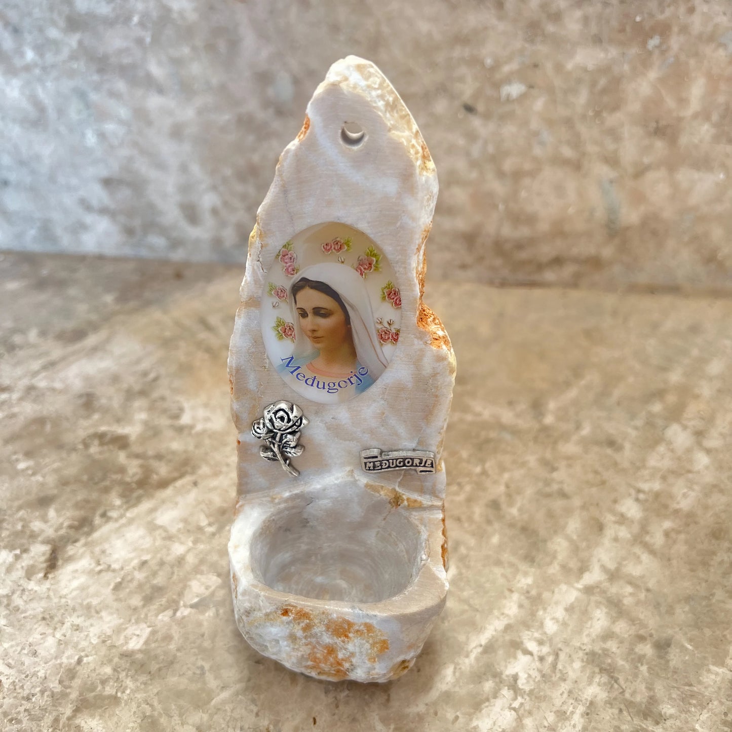 Handmade Virgin Mary Holy Water Font from Medjugorje Stone