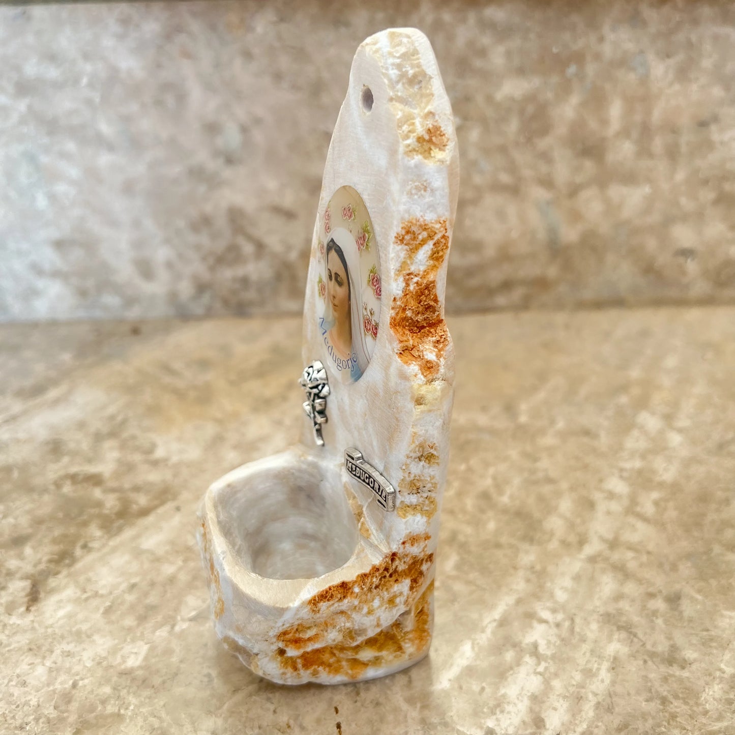 Handmade Virgin Mary Holy Water Font from Medjugorje Stone