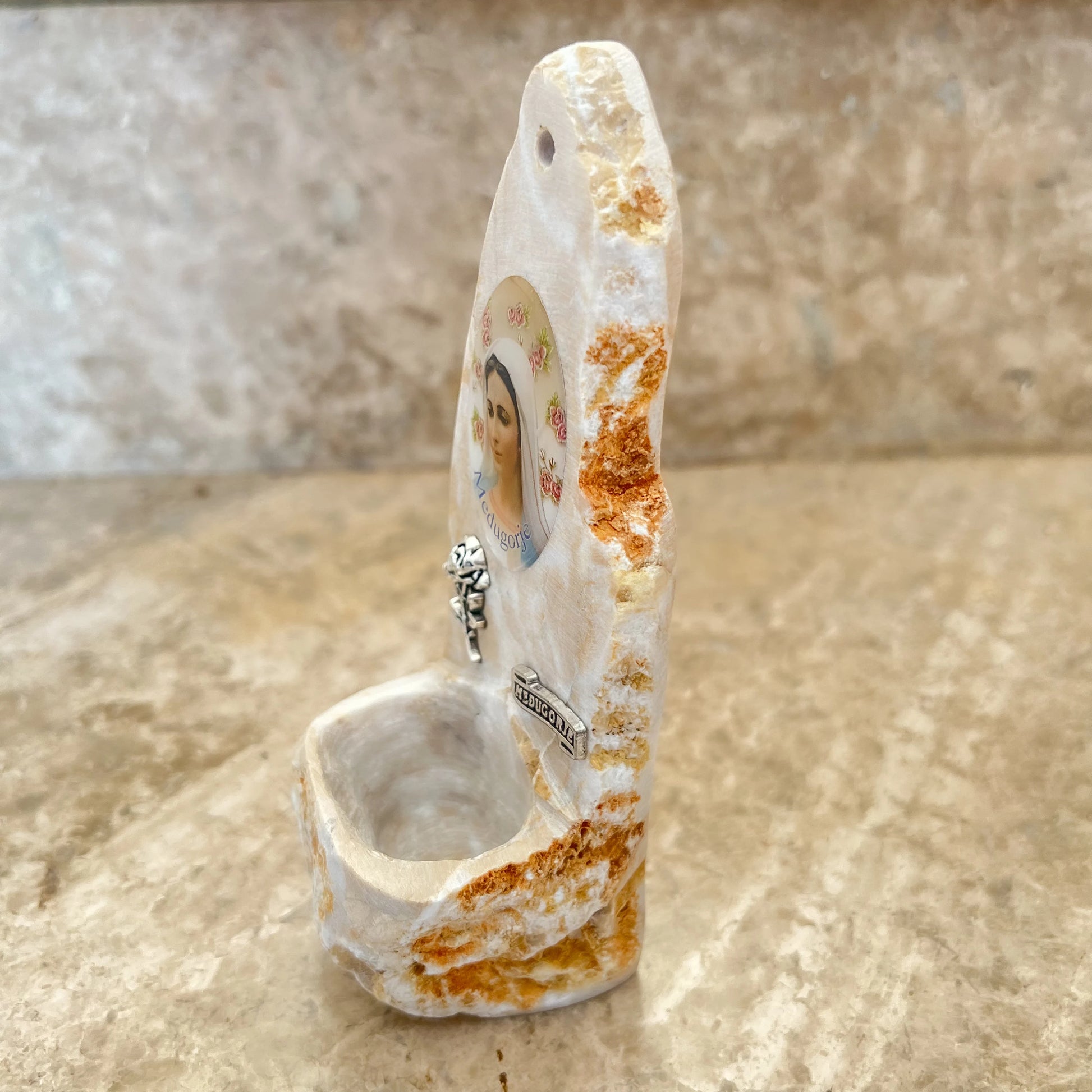 Handmade Virgin Mary Holy Water Font from Medjugorje Stone