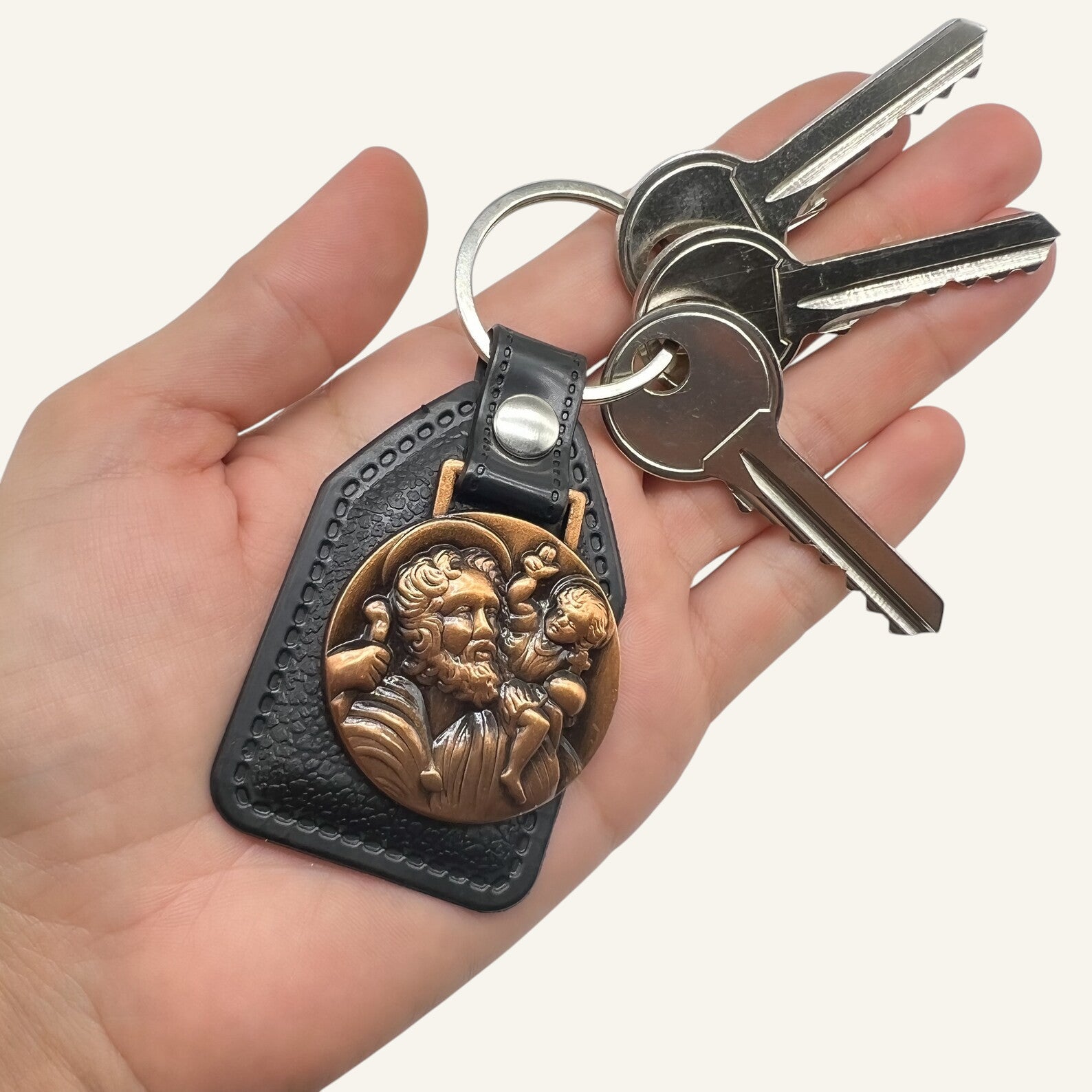 St. Christopher Catholic Medal Leather Keychain