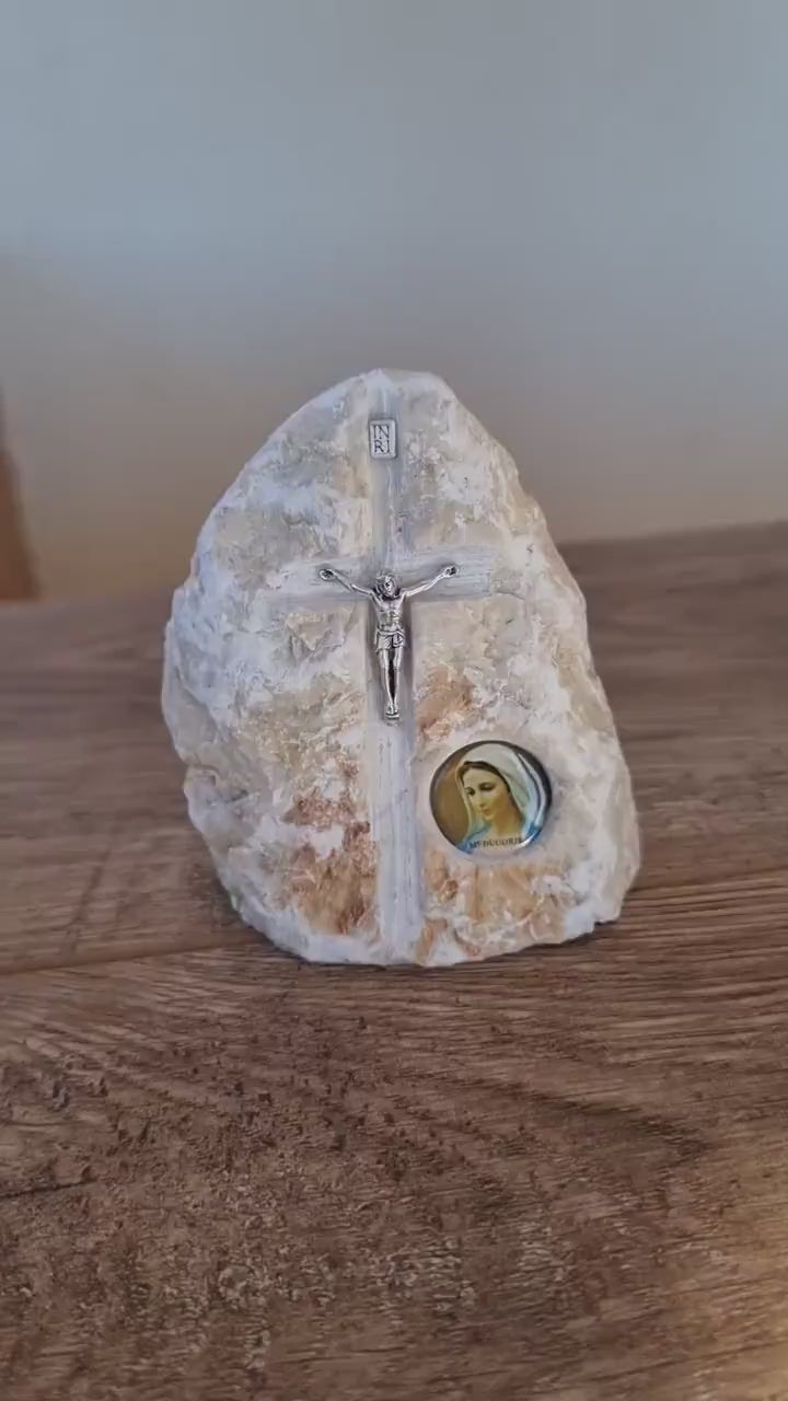 Handmade Stone Catholic Crucifix with Virgin Mary