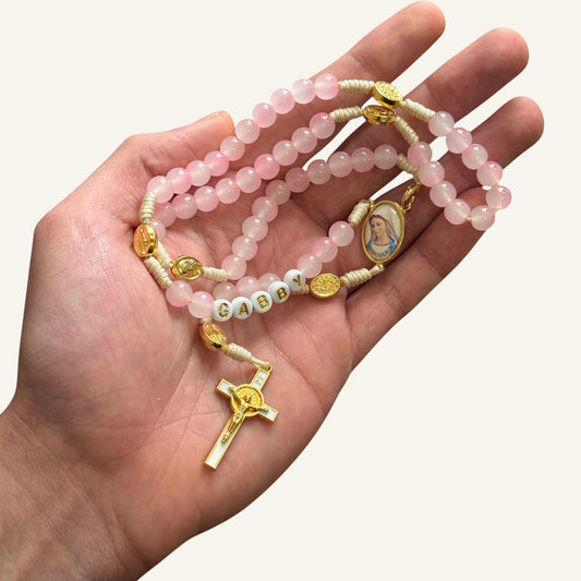 Personalized Rosary,Pink Beads, Catholic Gift, Custom Name Prayer Beads, Marian Medjugorje, Baptism, First Communion