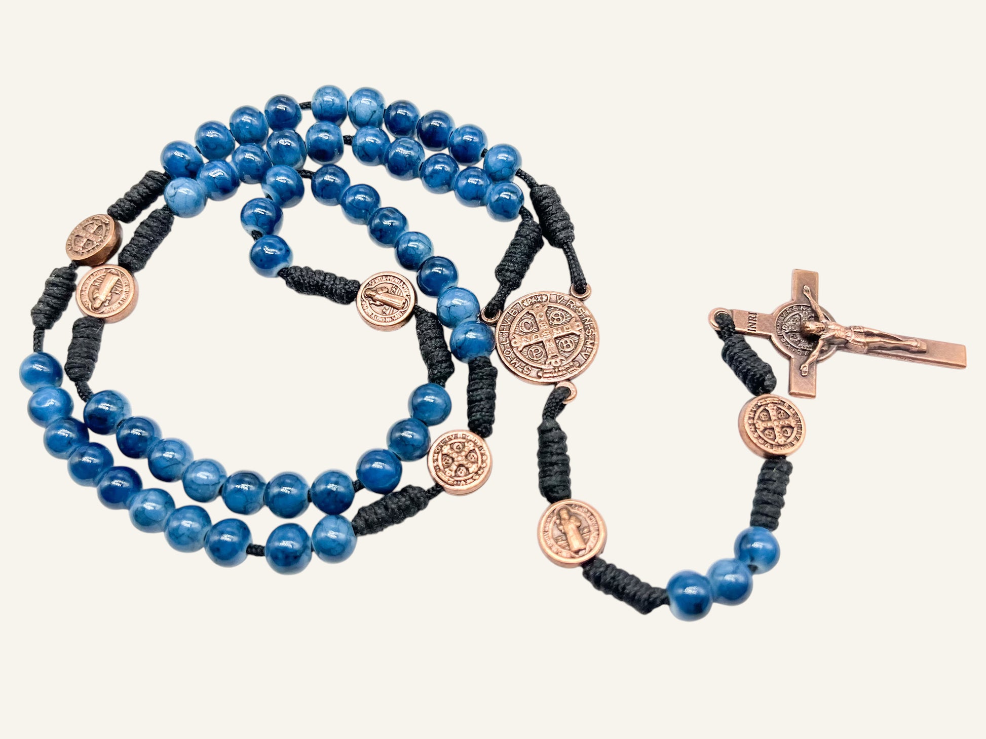 Handmade Blue St. Benedict Rosary with Bronze-Tone Medals