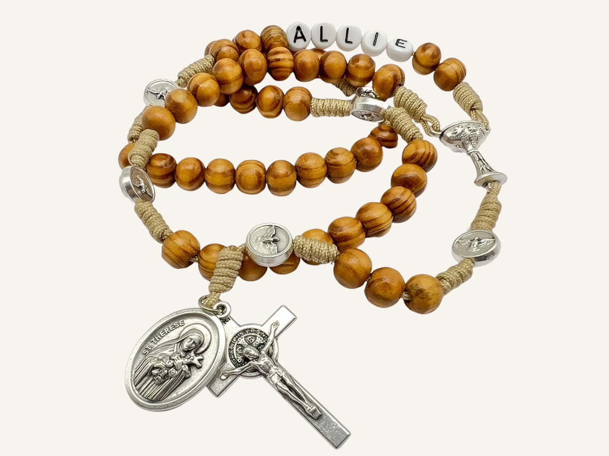 Personalized First Communion Rosary with Name - Olive Wood
