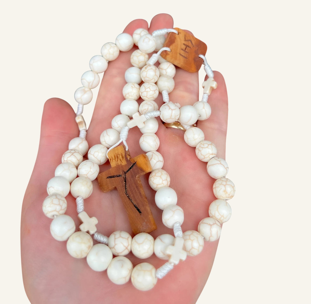 White Catholic Rosary with Wooden Cross & IHS Centerpiece
