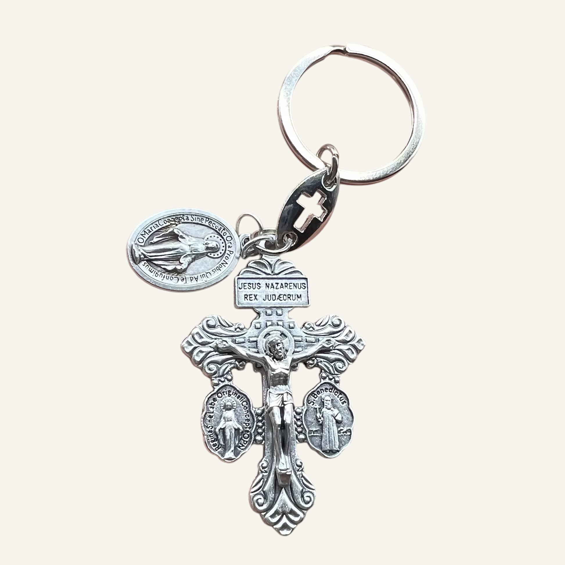 Pardon Crucifix Keychain | Catholic Keychain with Miraculous & St. Benedict Medals | Personalized Christian Gift