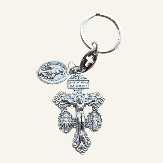 Pardon Crucifix Keychain | Catholic Keychain with Miraculous & St. Benedict Medals | Personalized Christian Gift