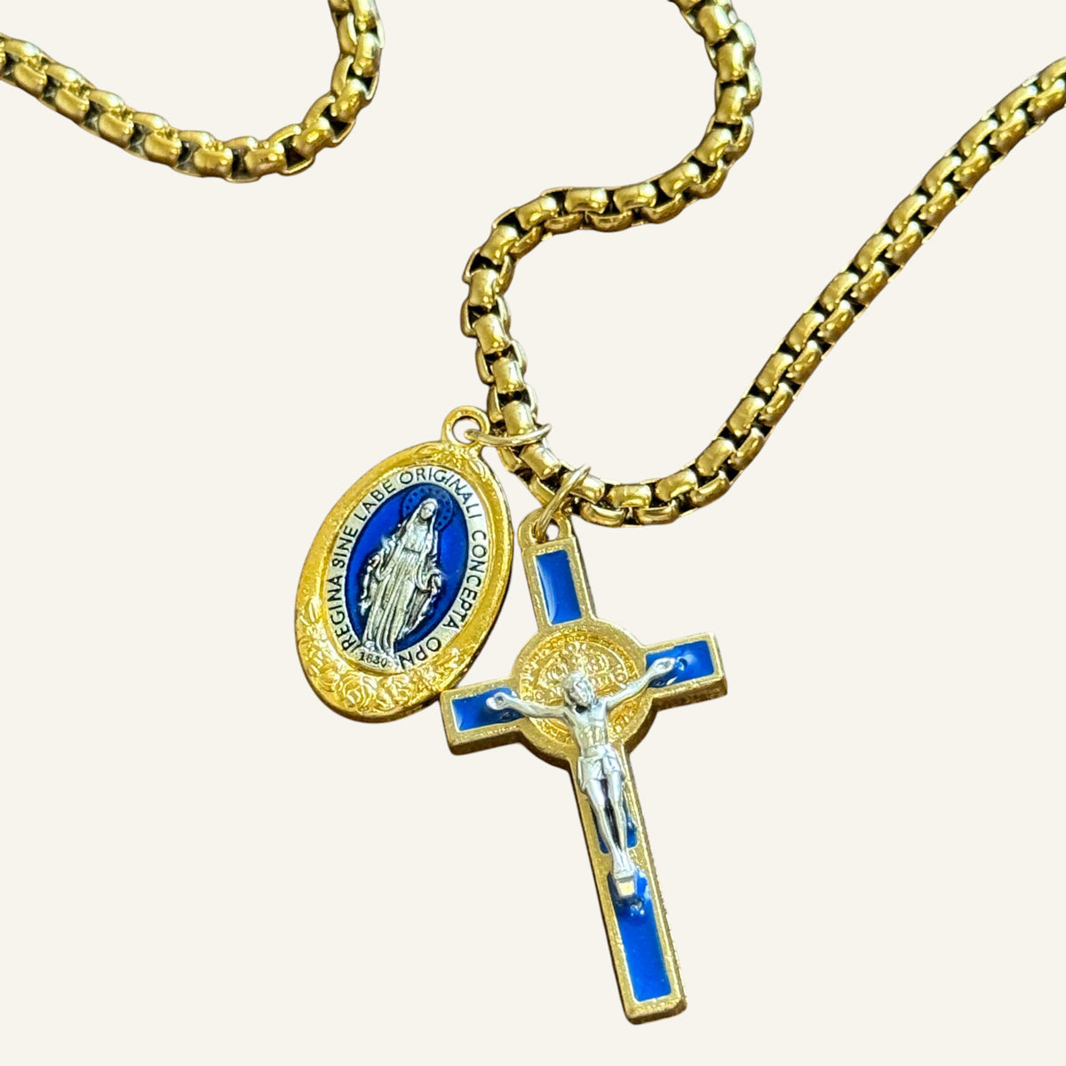 Miraculous Medal & Crucifix Gold Catholic Necklace