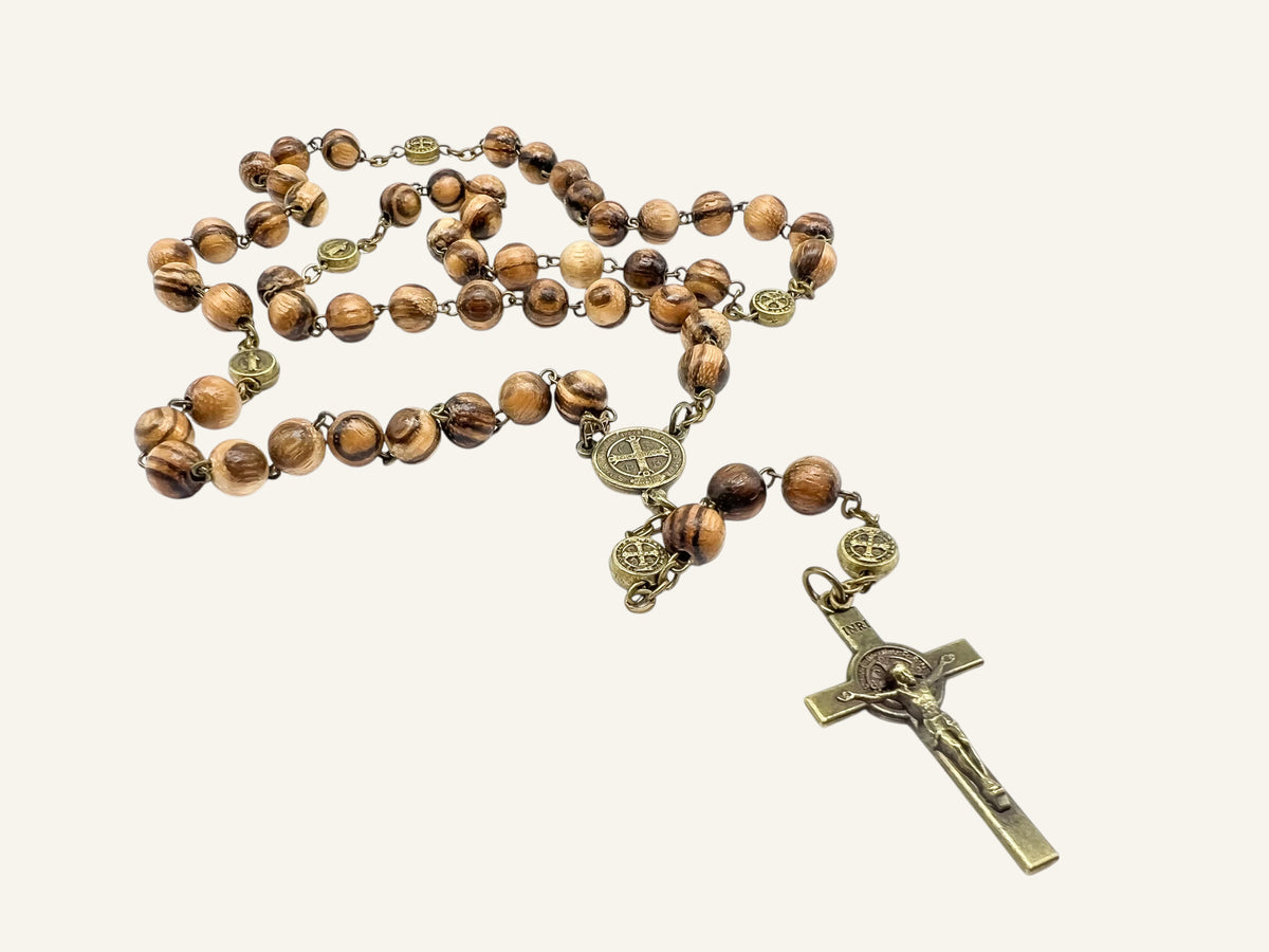 Walnut Wood St. Benedict Rosary - Catholic Prayer Beads