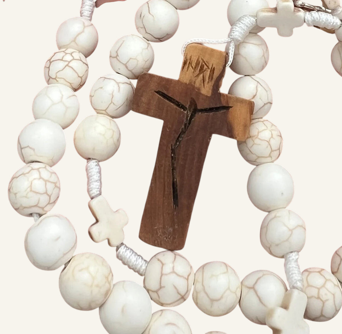 White Catholic Rosary with Wooden Cross & IHS Centerpiece