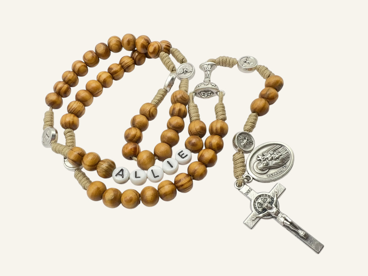 Personalized First Communion Rosary with Name - Olive Wood