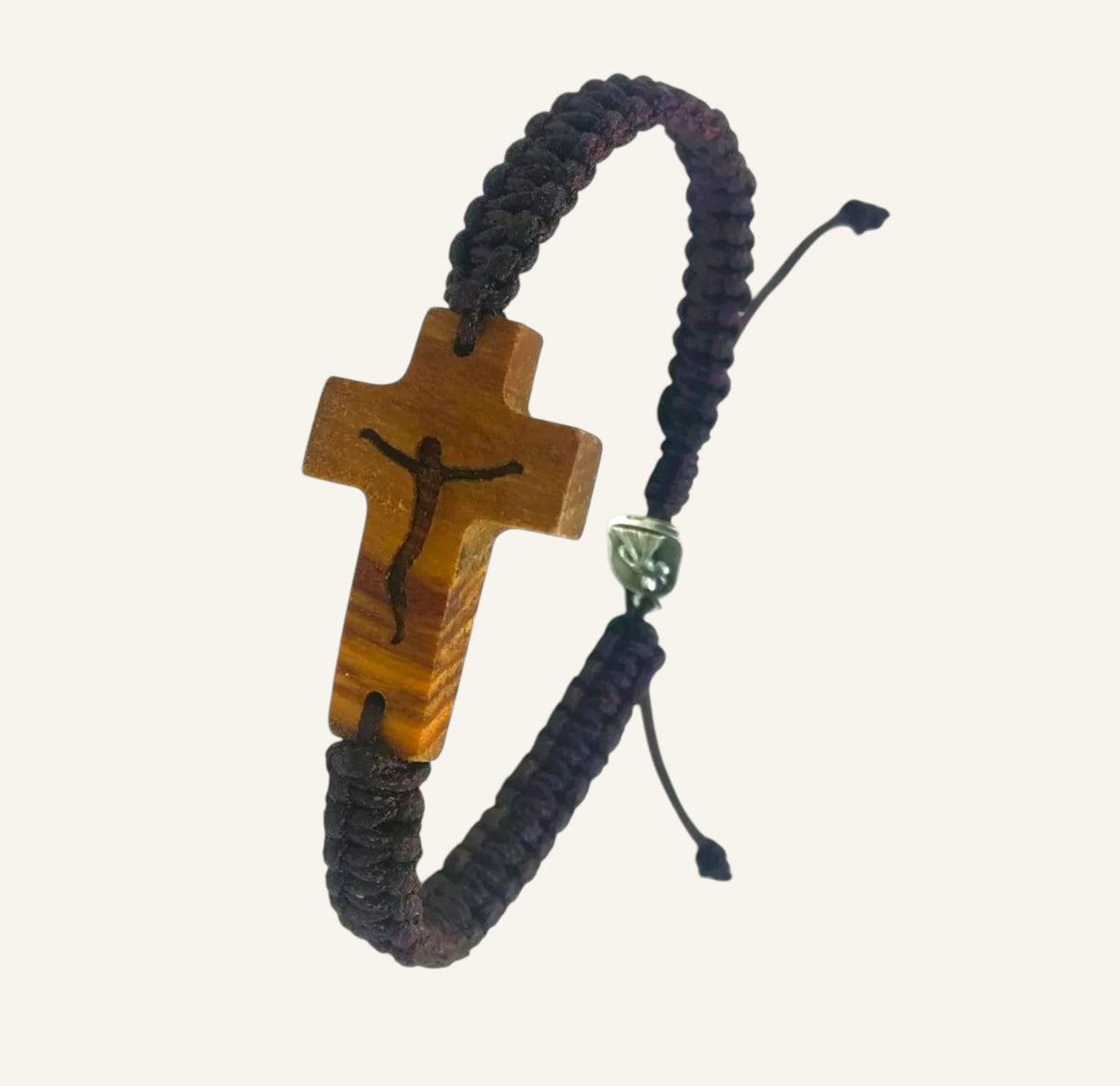 Olive Wood Cross Bracelet - Adjustable Catholic Cord Bracelet